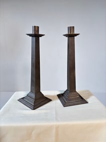 Two Pairs of Bronze Style and Arts & Crafts Candlesticks