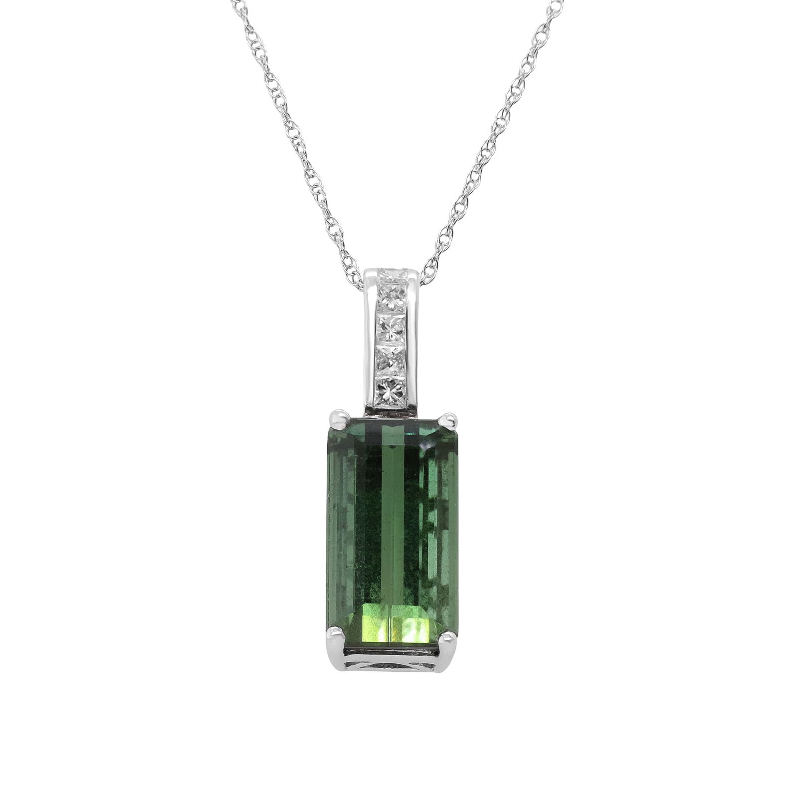 Whispers of the Forest, 14K White Gold Green Tourmaline Pendant: Resembling a secret concealed within an age-old forest, this pendant exudes a subtle, enchanting allure. A remarkable 4.30ct green tourmaline is prominently featured in its refined 14K white gold