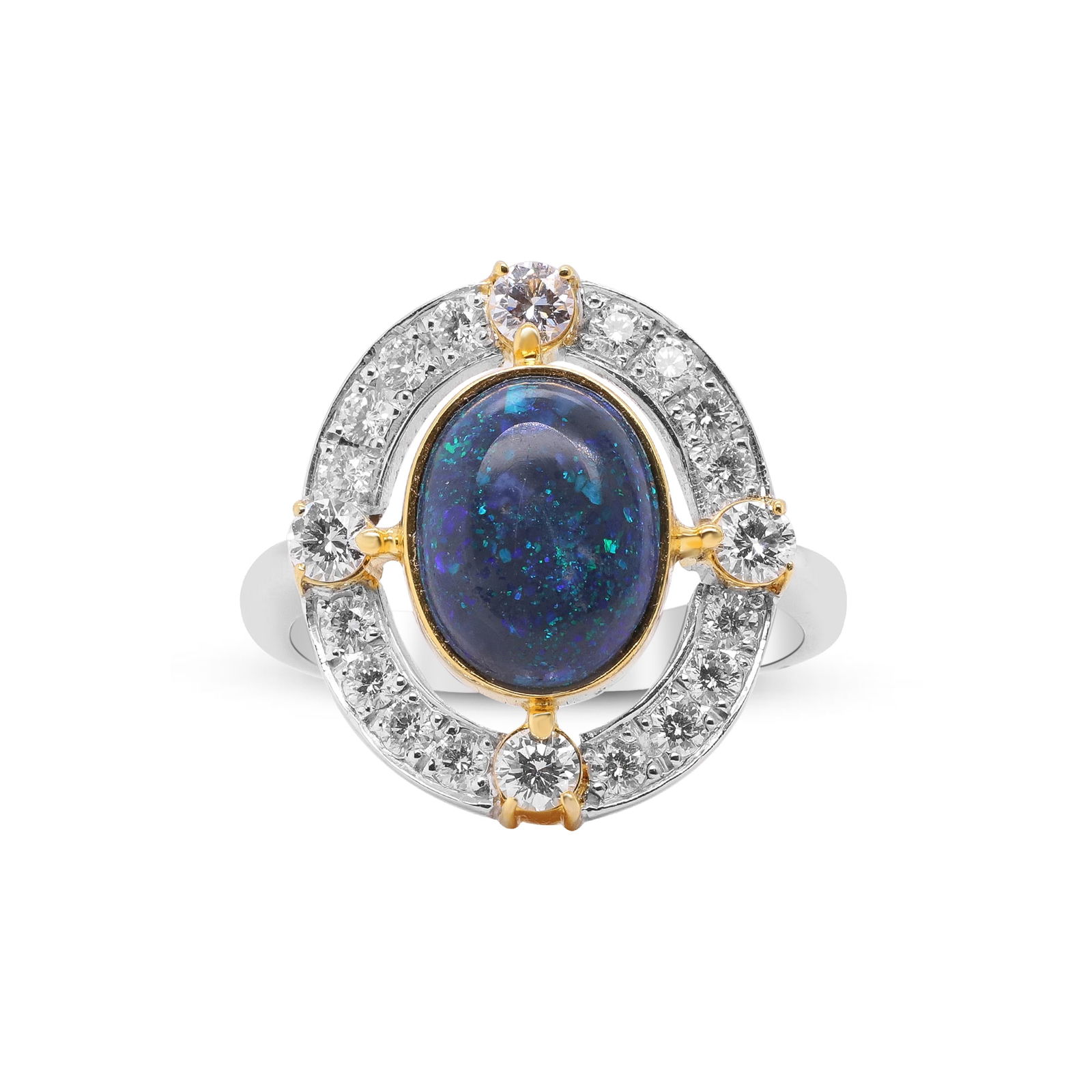 A Universe in Her Hands, Platinum and 18K Opal Ring & Diamond Ring: At the heart of this remarkable ring shines a 3.15-carat opal ? an enchanting gem that twirls with the hues of the universe. Profound blues, luminous greens, and bursts of fire intertwine like a