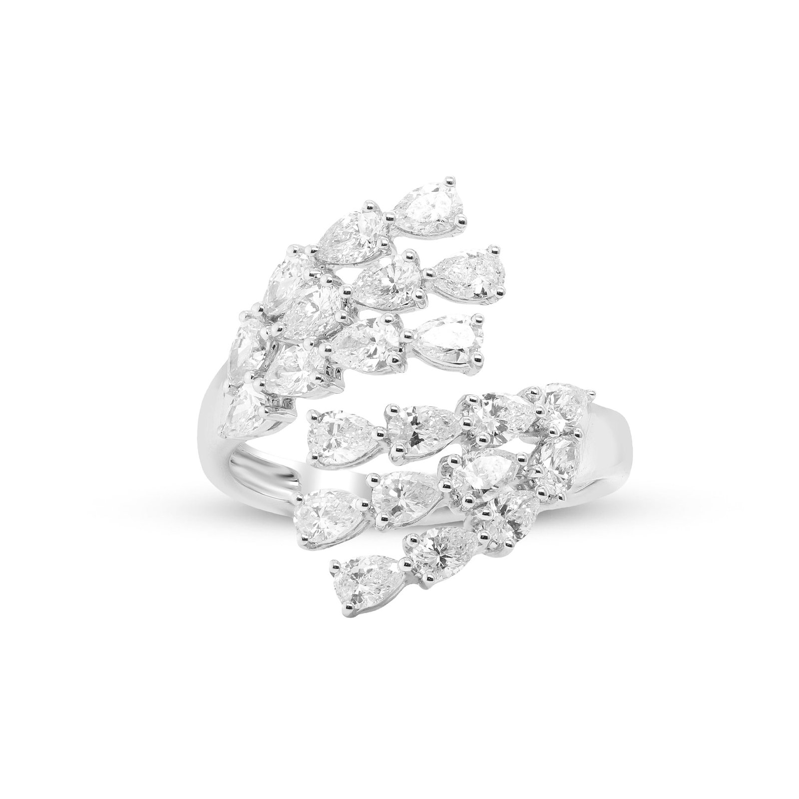 A Symphony of Light and Grace, 18K White Gold Diamond Ring: Like a delicate sonata, this 18K white gold ring embodies the elegance of movement and the poetry of love. Weighing 4.22 grams, it showcases 22 pear-cut diamonds with a total weight of 1.86 carats, ar