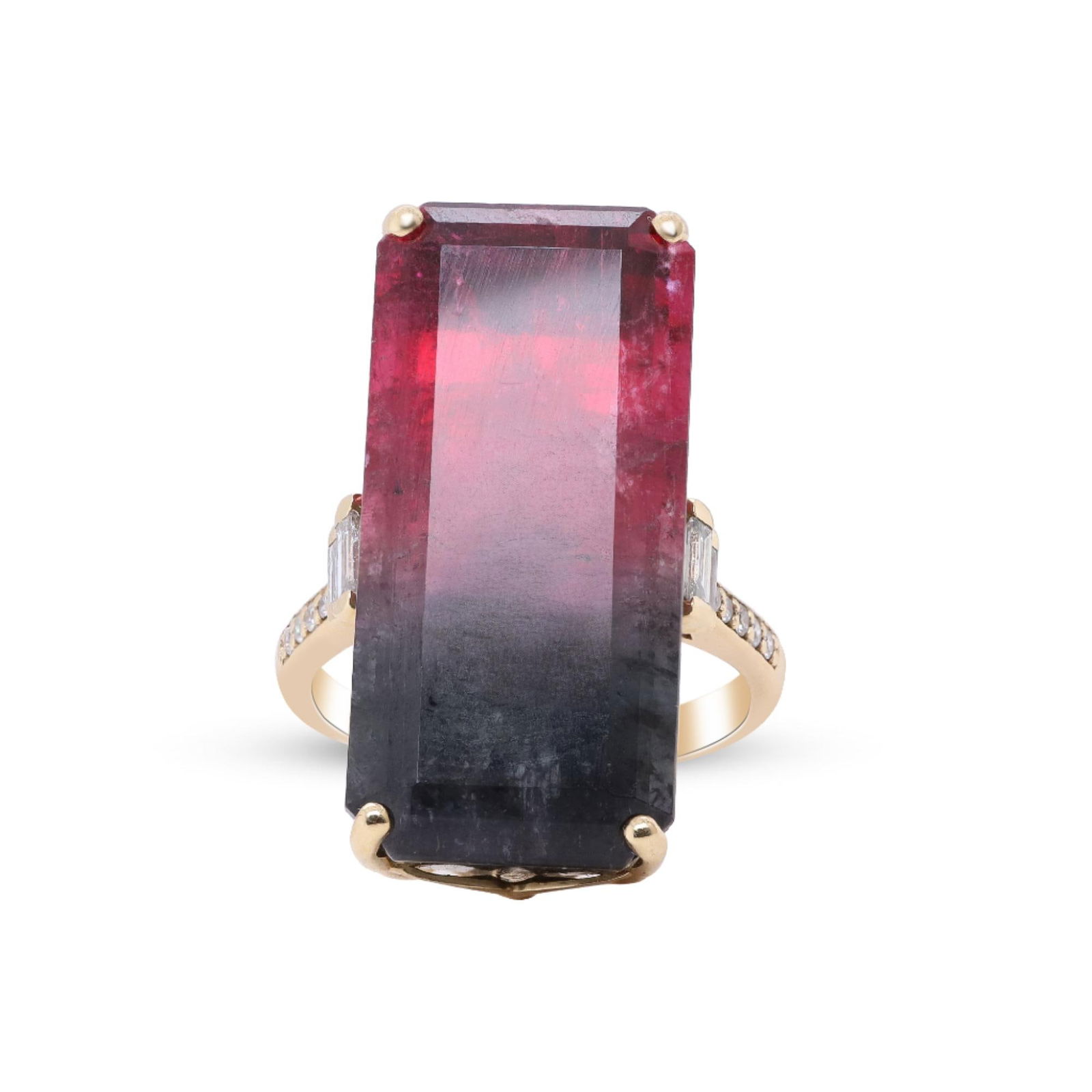 Where Day Meets Dusk, 14K Yellow Gold Bi-Color Tourmaline Ring: In the same way that two souls converge at an ideal moment, this captivating 14K yellow gold ring features a 26.62-carat bi-color tourmaline that transitions from deep twilight to vibrant crimson. Thi