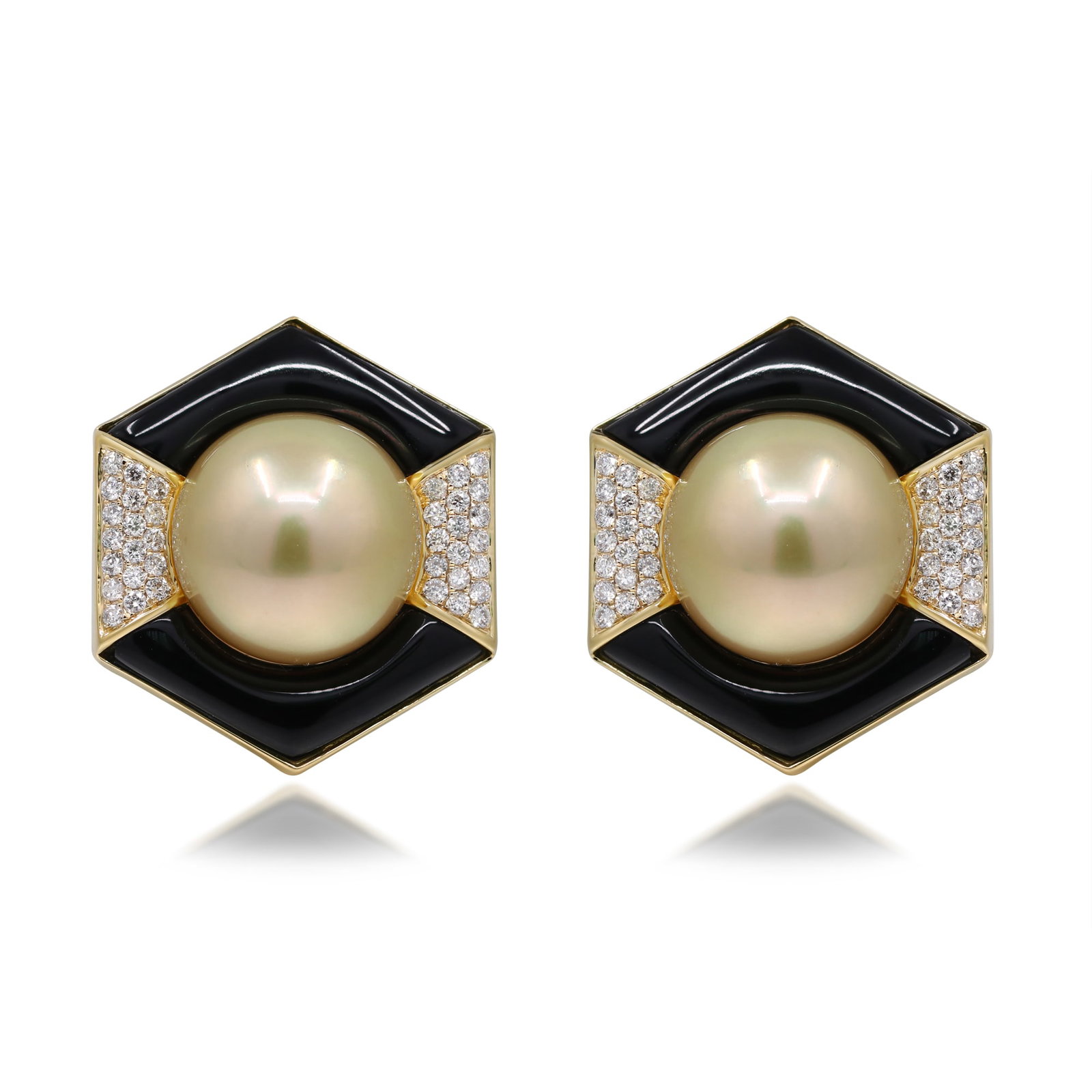 Midnight Geometric: 14K Yellow Gold Pearl, Onyx & Diamond Earrings: Bold design meets timeless elegance in these striking 14K yellow gold earrings. Crafted in warm 14K yellow gold and weighing 7.77 grams, the architectural silhouette pairs clean geometry with luminous