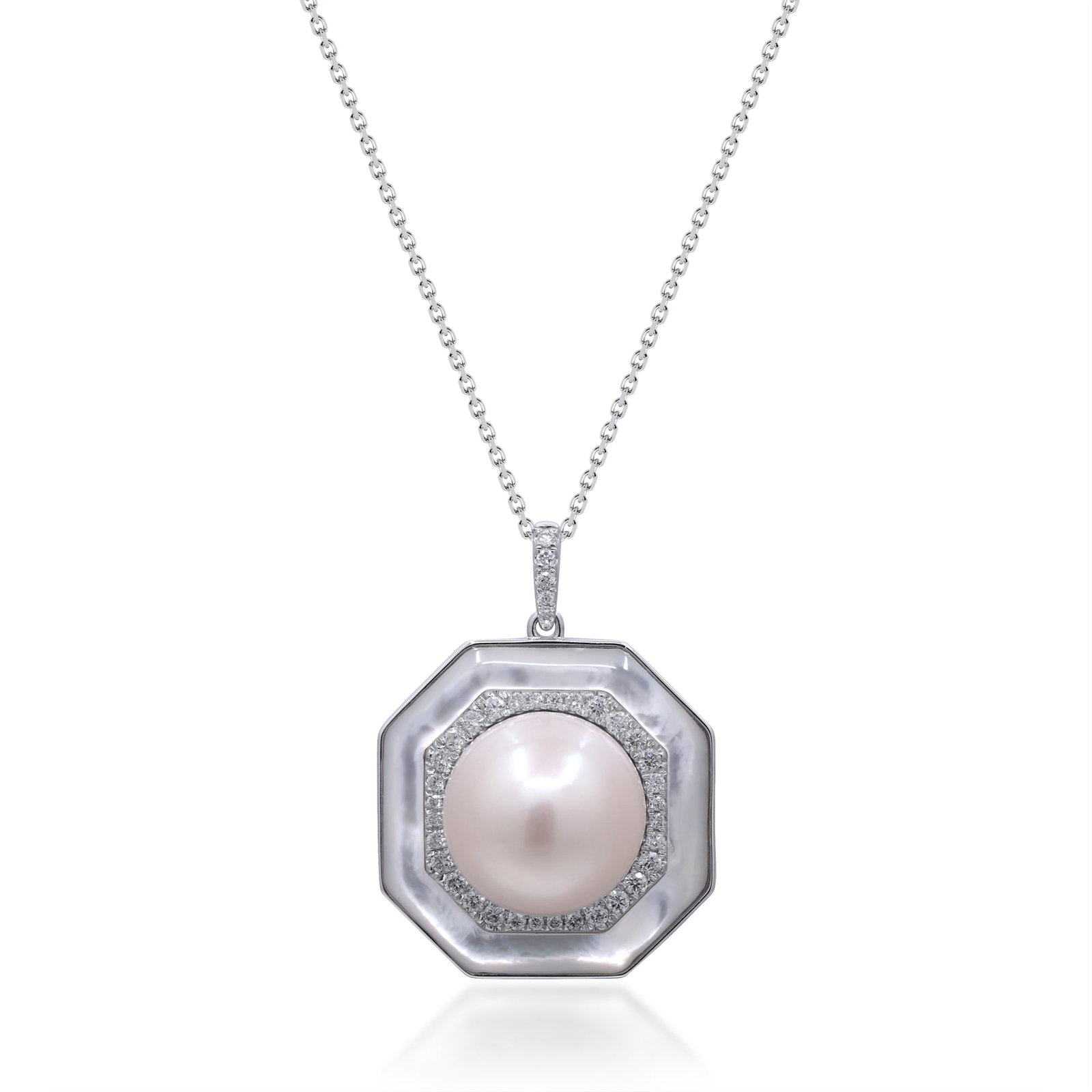 Lunar Grace: 14K White Gold Freshwater Pearl, Mother-of-Pearl & Diamond Pendant: Classic elegance meets refined geometry in this exquisite 14K white gold pendant. Crafted in luminous 14K white gold and weighing 3.57 grams, the octagonal frame lends a subtle Art Deco influence to t