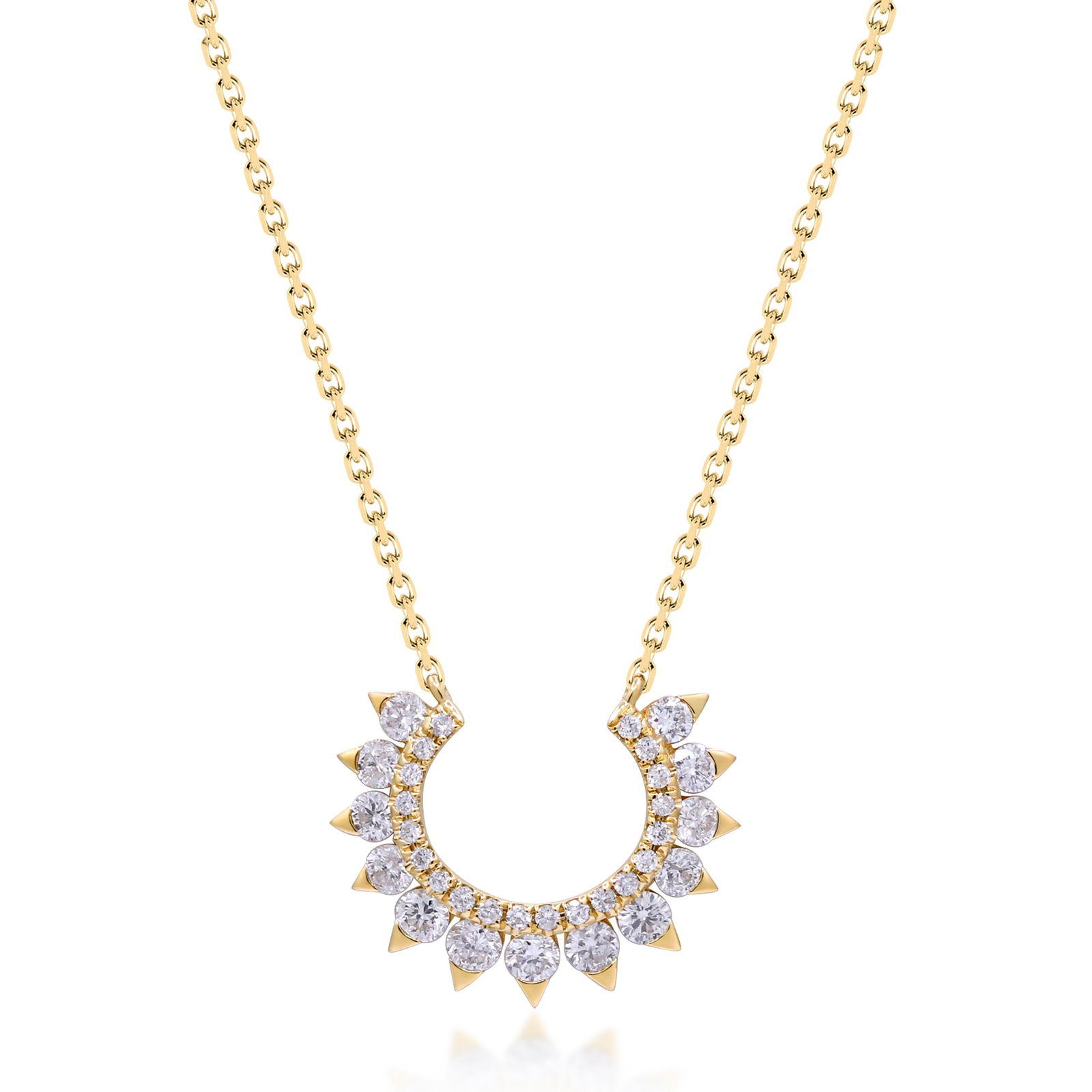 Solar Flare Elegance: 18K Yellow Gold Diamond Crescent Pendant: Bold yet refined, this 18K yellow gold diamond pendant radiates modern glamour with its striking crescent silhouette. Crafted in luminous 18K yellow gold and weighing 2.96 grams, the design curves gra