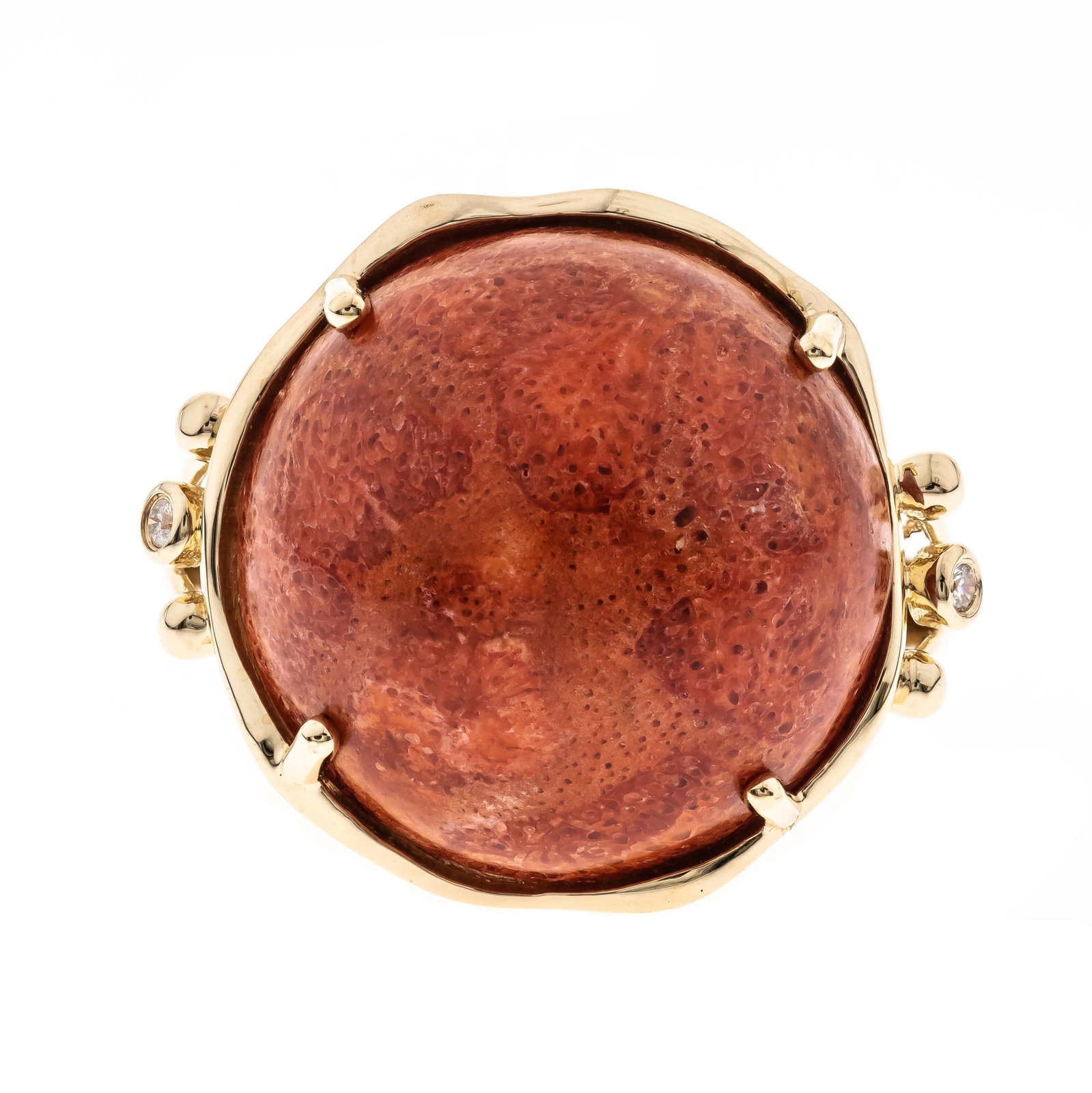 Mediterranean Muse: 14K Yellow Gold Coral & Diamond Ring: Organic beauty meets warm golden elegance in this distinctive 14K yellow gold coral ring. Crafted in rich 14K yellow gold and weighing 3.78 grams, the setting offers a refined yet airy frame that high