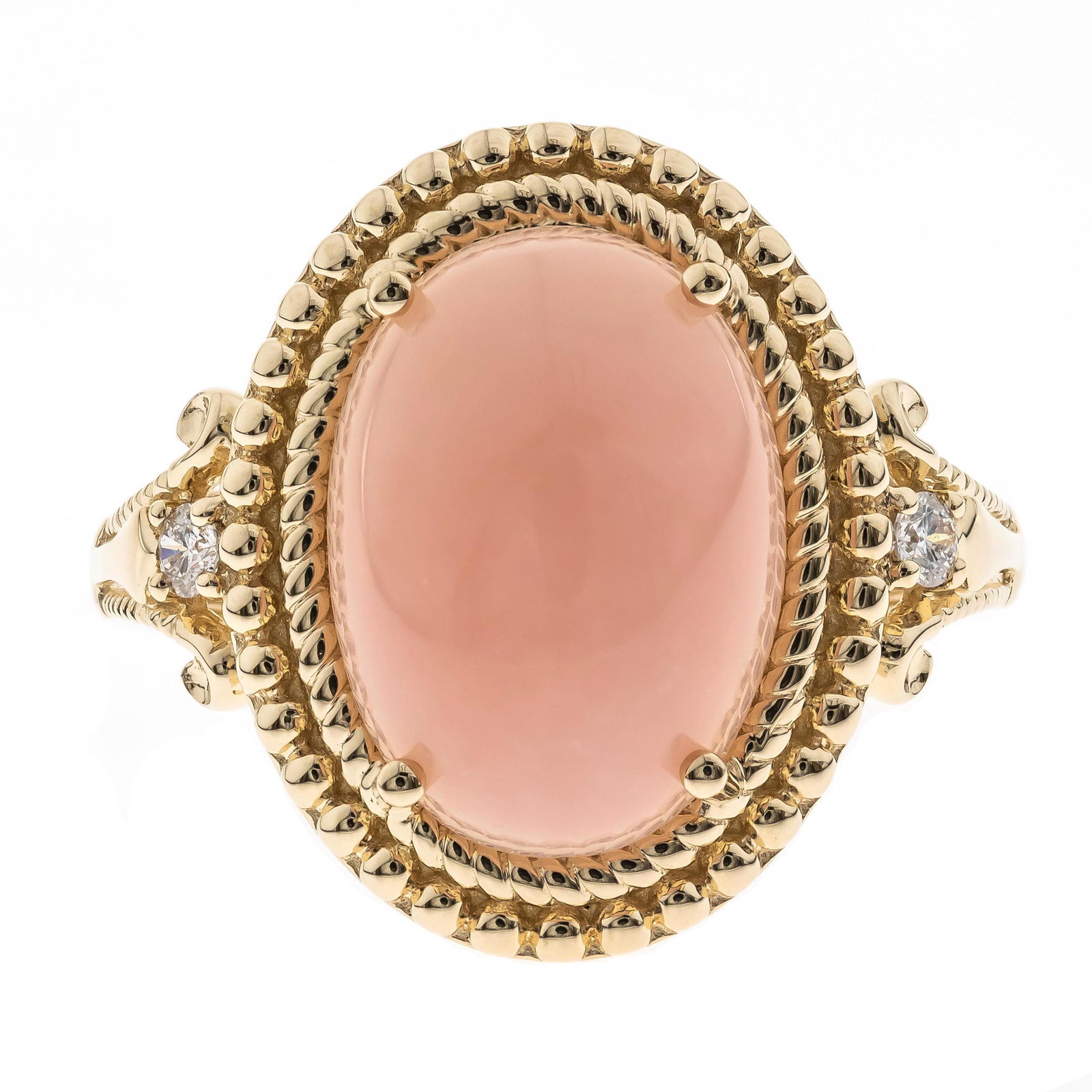 Blush Heirloom: 14K Yellow Gold Pink Opal & Diamond Ring: Softly romantic and timeless in design, this 14K yellow gold ring showcases the gentle beauty of natural pink opal. Crafted in warm 14K yellow gold and weighing 3.73 grams, the setting features delica