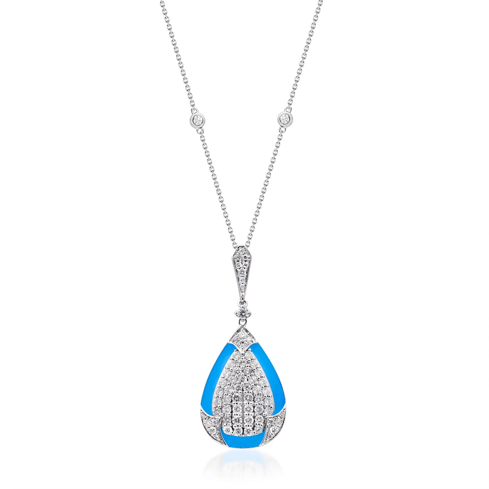 Azure Radiance: 18K White Gold Diamond Pendant: Graceful and luminous, this 18K white gold diamond pendant blends timeless elegance with contemporary design. Crafted in radiant 18K white gold and weighing 3.09 grams, the refined teardrop silhouette