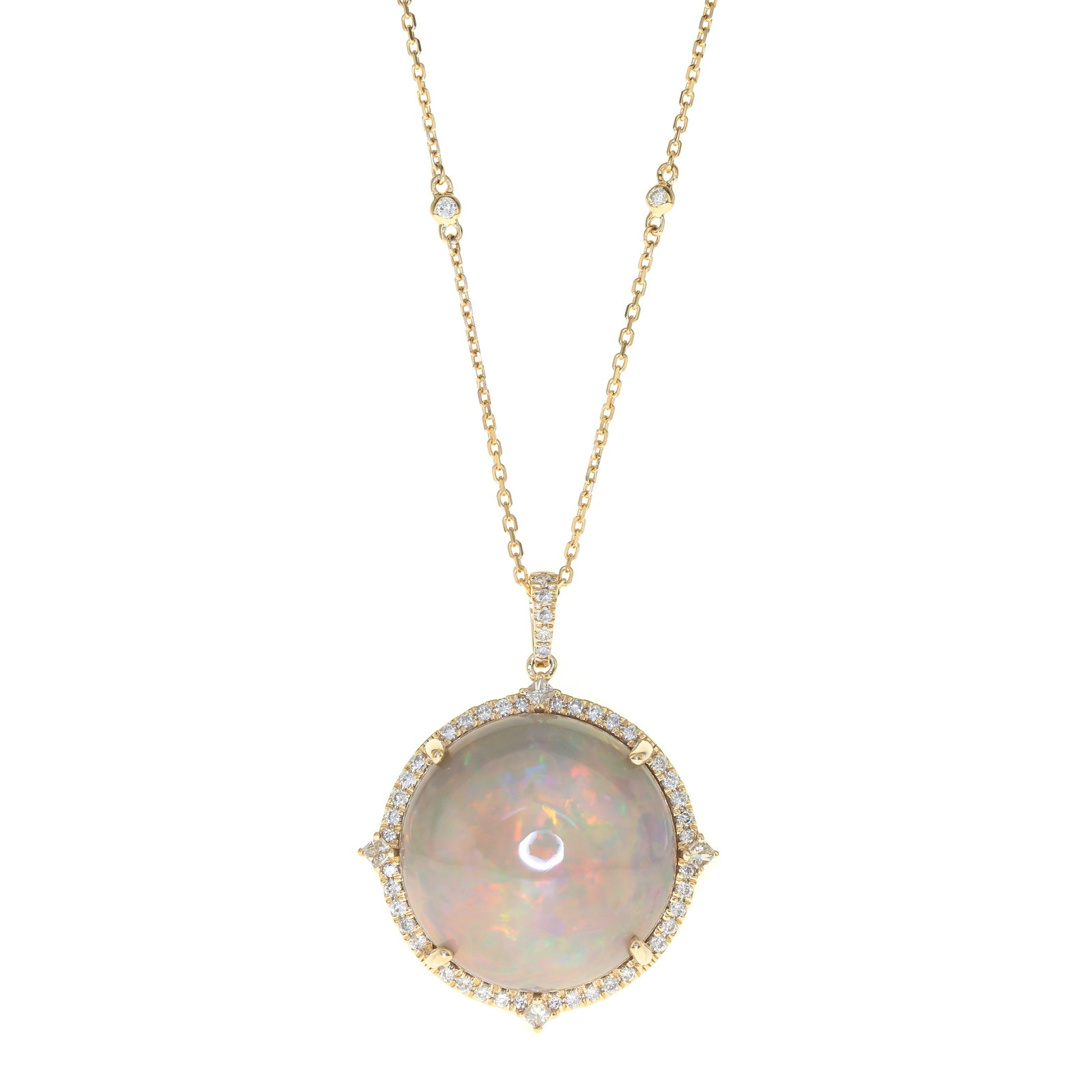Aurora Medallion: 14K Yellow Gold Ethiopian Opal & Diamond Pendant: Ethereal and luminous, this 14K yellow gold pendant showcases the captivating beauty of Ethiopian opal. Crafted in warm 14K yellow gold and weighing 3.70 grams, the round medallion design offers a gra