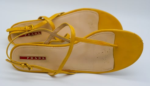 Prada Yellow Leather Strappy Kitten Heel Sandals - Made in Italy