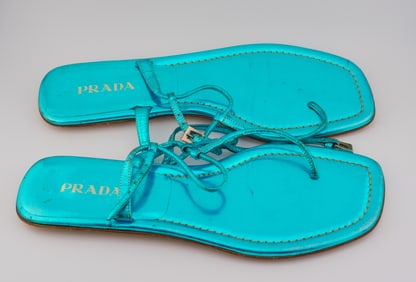 Prada Size 39.5 Metallic Turquoise Flat Sandals - Bold Italian Statement Style