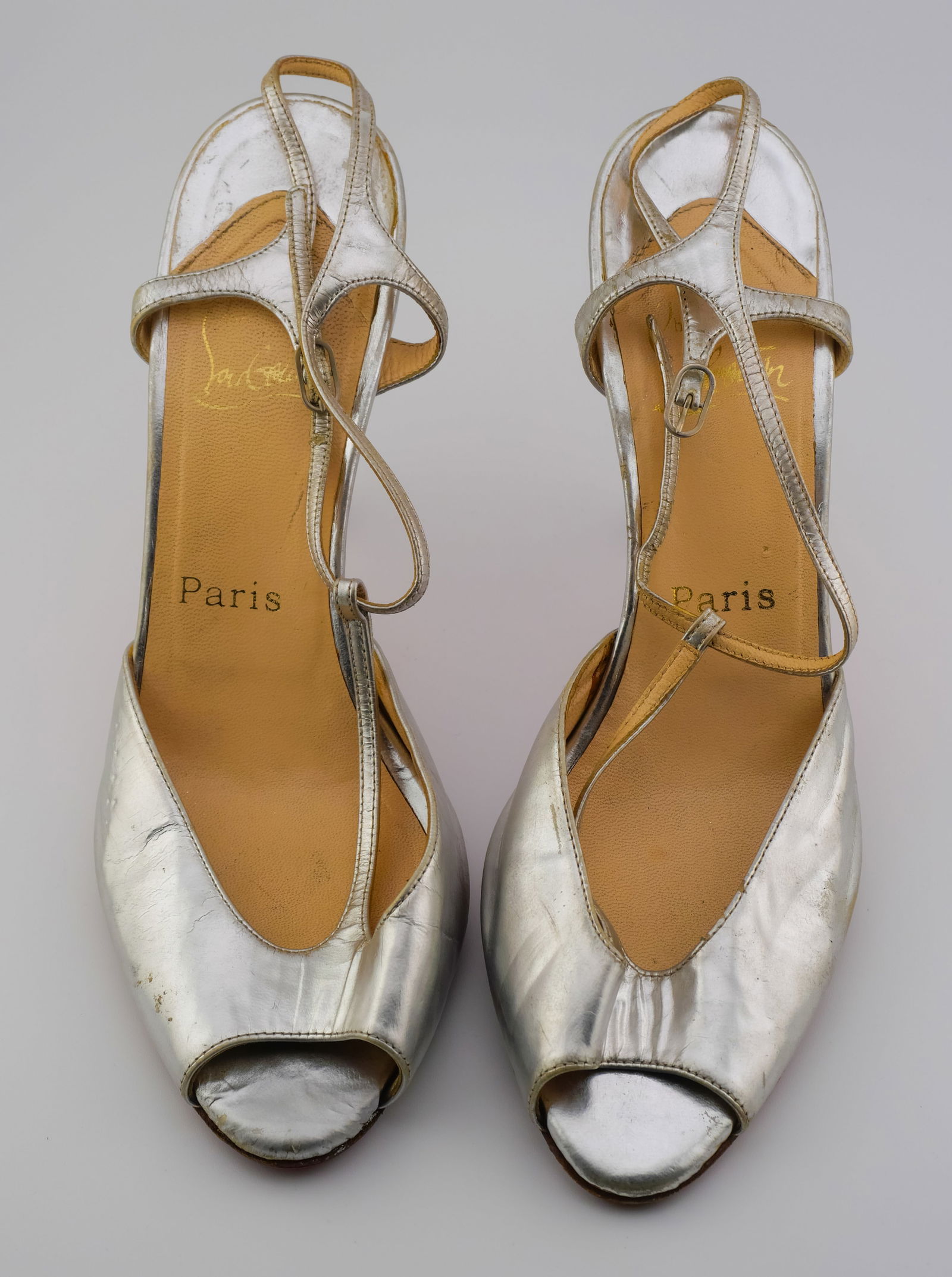 Christian Louboutin Size 37.5 Silver Peep-Toe Strappy Heels - Parisian Glam with Iconic Style (1 of 4)