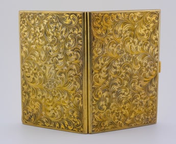 Exquisite Antique Gilded Brass Floral Cigarette Case - Intricate Scrollwork, Monogrammed "L"