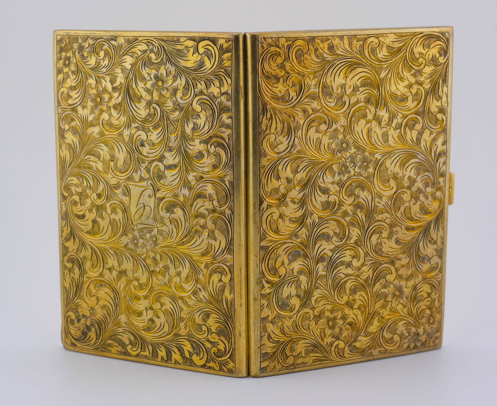 Exquisite Antique Gilded Brass Floral Cigarette Case - Intricate Scrollwork, Monogrammed "L" (1 of 3)