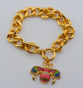 Beautiful Gold Link Bracelet w/ Sparkling Rainbow Bee Charm!