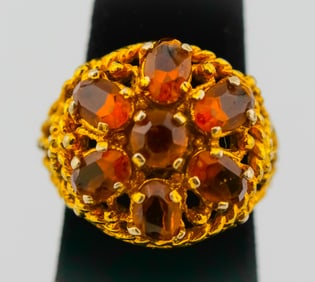Regal Vintage Cocktail Ring w/ Garnet-Colored Stones - Ornate Gold-Tone Setting