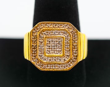 Bold 925 Sterling Vermeil Men's Ring with Pave-Style Detailing – Octagonal Step Design