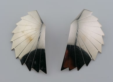 Bold Mid-Century Modern Abstract Sterling Silver Wing Earrings - Sculptural Fan Design!