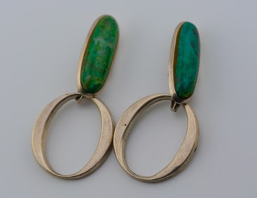 Vintage Mexican Sterling Silver & Green Stone Modernist Dangle Earrings - TC-10 Taxco Mark