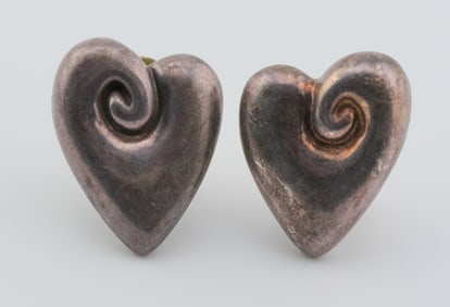 Vintage Sterling Silver Swirl Heart Clip-On Earrings - Signed & Stamped 925 - Sculptural Modernist
