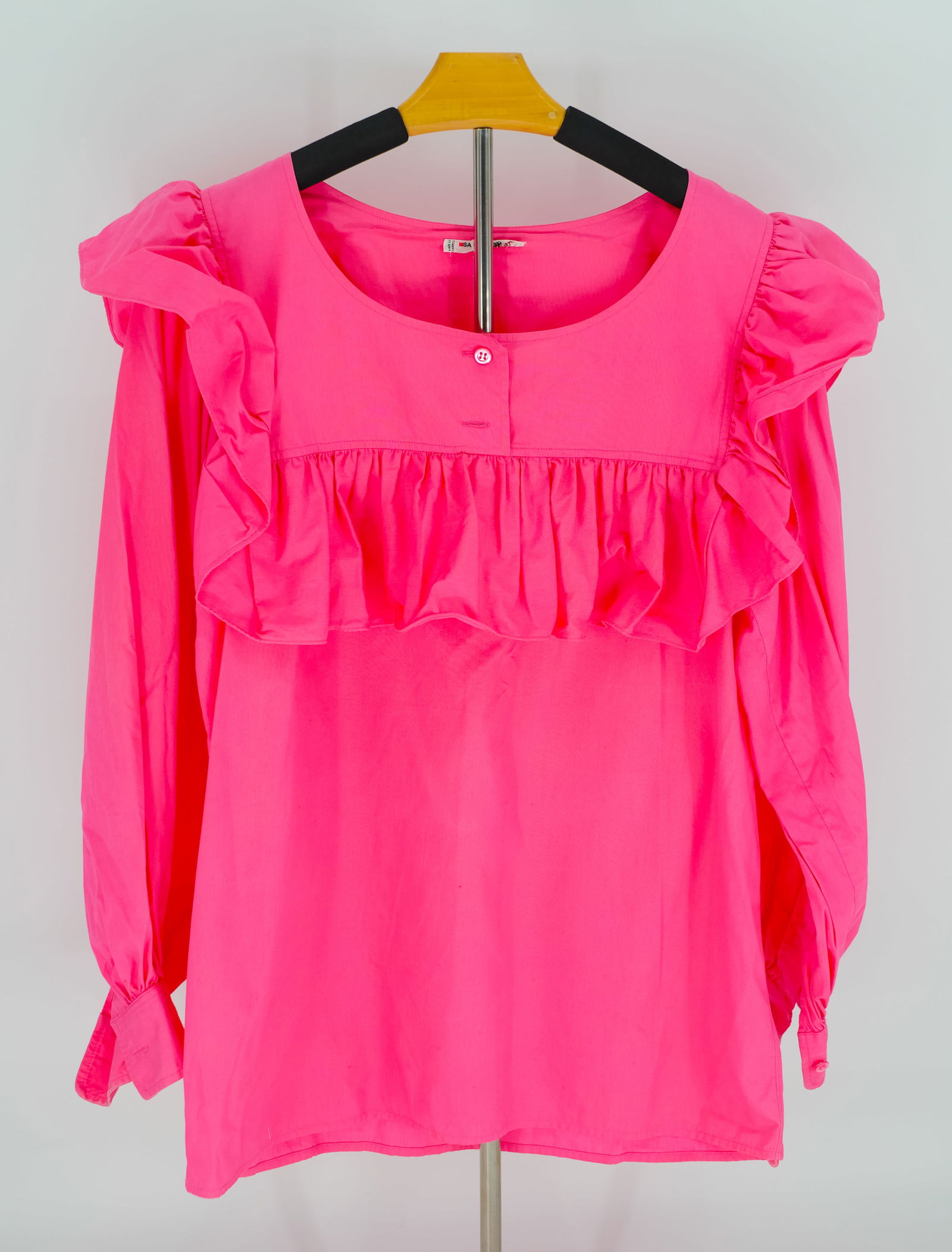 Vintage Yves Saint Laurent Rive Gauche Blouse (Size 38) - Hot Pink Cotton Ruffle Top, Made in France (1 of 3)