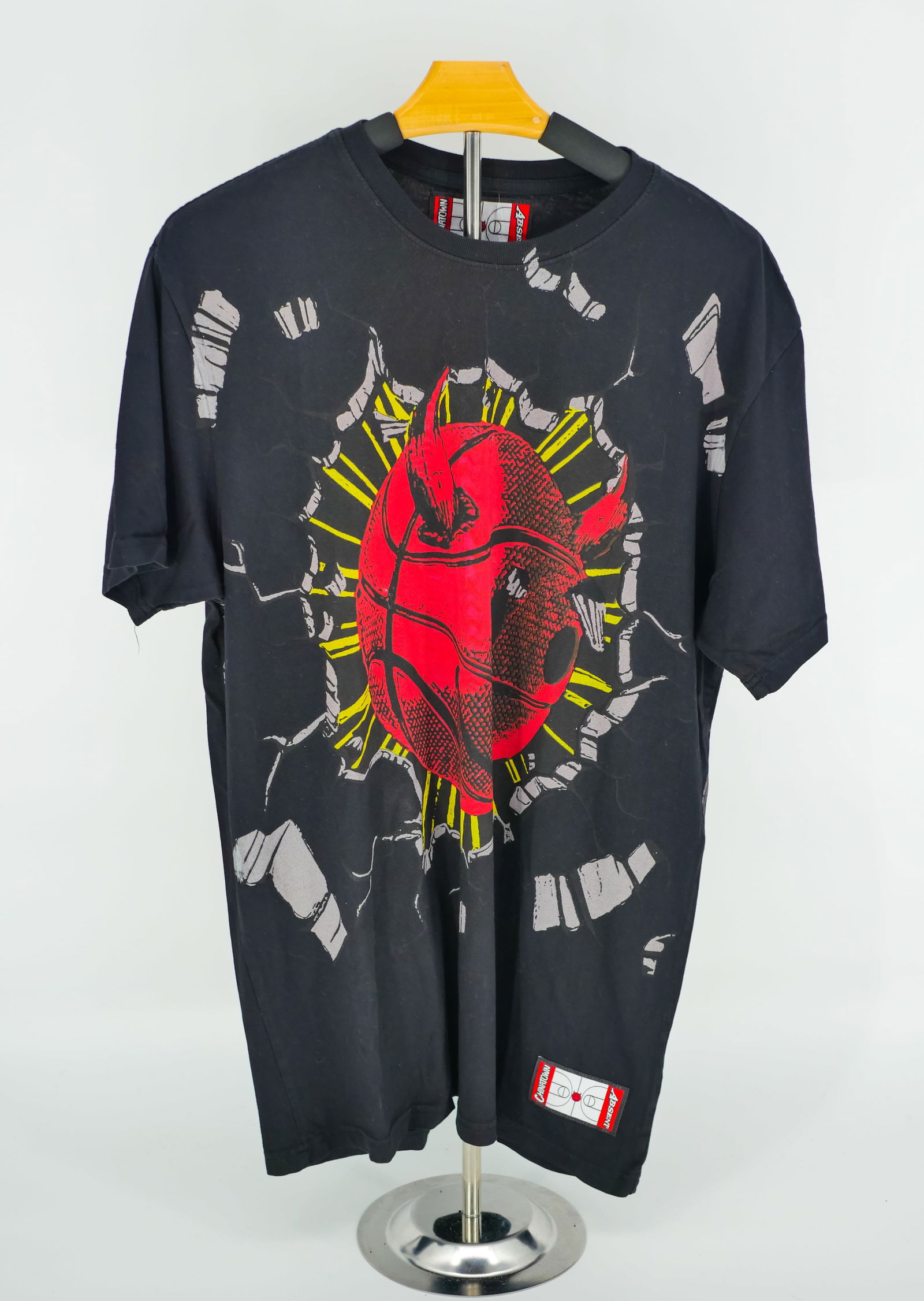 ABSENT Devil Basketball Graphic Tee - Streetwear Heat! Size L - Explosive Design!: Break through the ordinary with this fire ABSENT T-shirt featuring an exploding devil basketball graphic bursting through a concrete wall. Designed for impact, this tee channels rebellious street cult