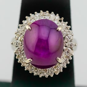 Spectacular 18.41ctw Platinum Purple Star Sapphire & Diamond Cocktail Ring | 17.56ct Cabochon