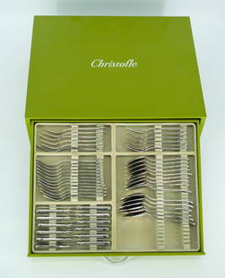 Christofle "Ambassador" Flatware Chest - Elegant 125-Piece Chest w/ 61 Pieces, Silverplate, France: An exceptional offering from the prestigious French silversmith Christofle, this elegant green-lacquered Ambassador collection flatware chest originally houses a 125-piece set and currently includes 6