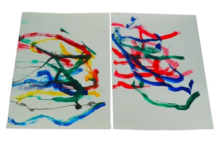 Original Thai Elephant Paintings – Colorful Abstract Duo by Japati & Prathida (Signed, 2002)