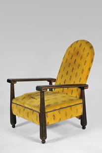 ATELIER MARTINE, attribué à Interesting inverted ba: ATELIER MARTINE, attribué à Interesting inverted back armchair with base and armrest in black lacquered wood with large golden striations. Upholstered in yellow material. Circa 1920 H : 41 L : 27 1/