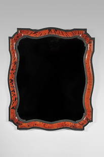 MAISON FRANCK FRÈRES Geometrical cut rectangular wo: MAISON FRANCK FRÈRES Geometrical cut rectangular wooden mirror tinted in black and plated with red tinted tortoise shell. Circa 1925. H : 37 1/4 l : 30 3/4 in.