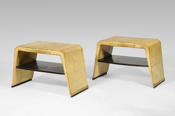 VALZANIA Pair of bed side tables covered in parchm: VALZANIA Pair of bed side tables covered in parchment and opening by a central front drawer. Inset ?ap in tinted wood. Circa 1935. H : 17 1/4 D : 27 1/2 l : 13 3/4 in.