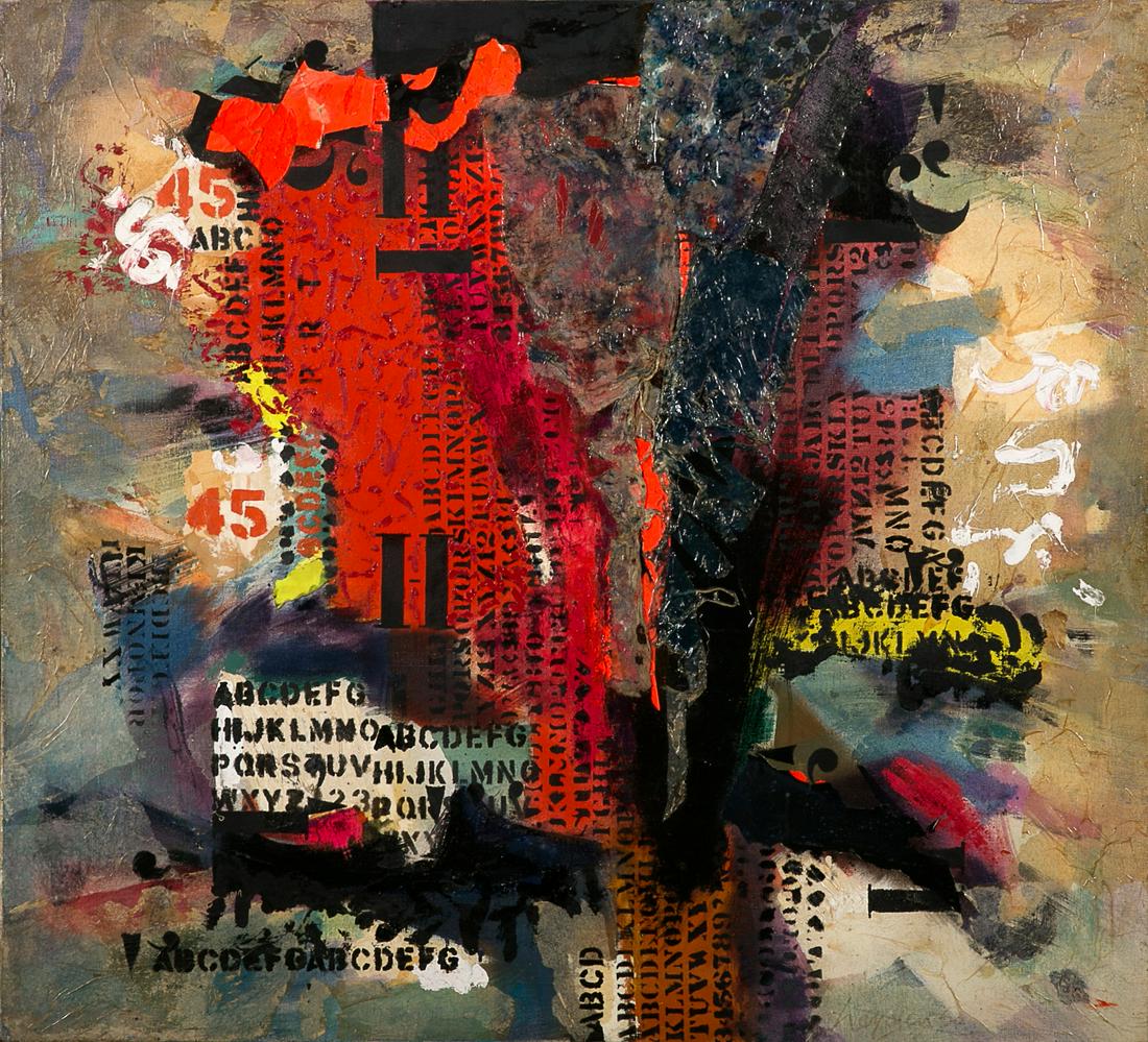 ERNST VAN LEYDEN: ERNST VAN LEYDEN(1892-1969)Fiamma, 1960Technique mixte, collage, huile, tissu et papier sur toile, titrÃ©e au dosMixed media, collage, oil, fabric and paper on canvas, titled on reverse109.7 x 120.4