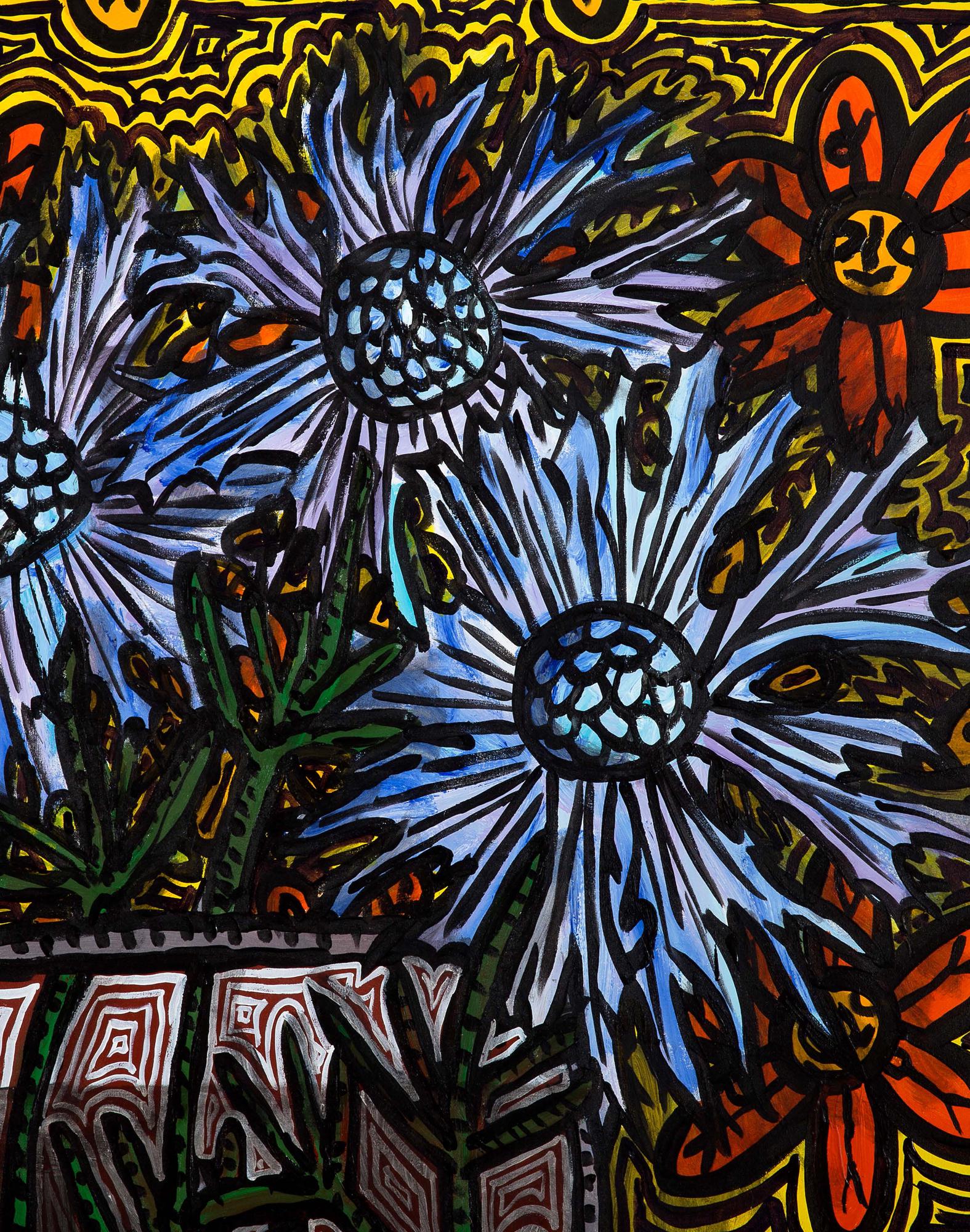 ROBERT COMBAS: ROBERT COMBAS(nÃ© en 1957)Les belles fleurs bleues. La tapisserie. La tÃªte de veau, 1988Acrylique sur toile, signÃ©e, datÃ©e et titrÃ©e en bas Ã gauche, signÃ©e en bas Ã droiteAcryl