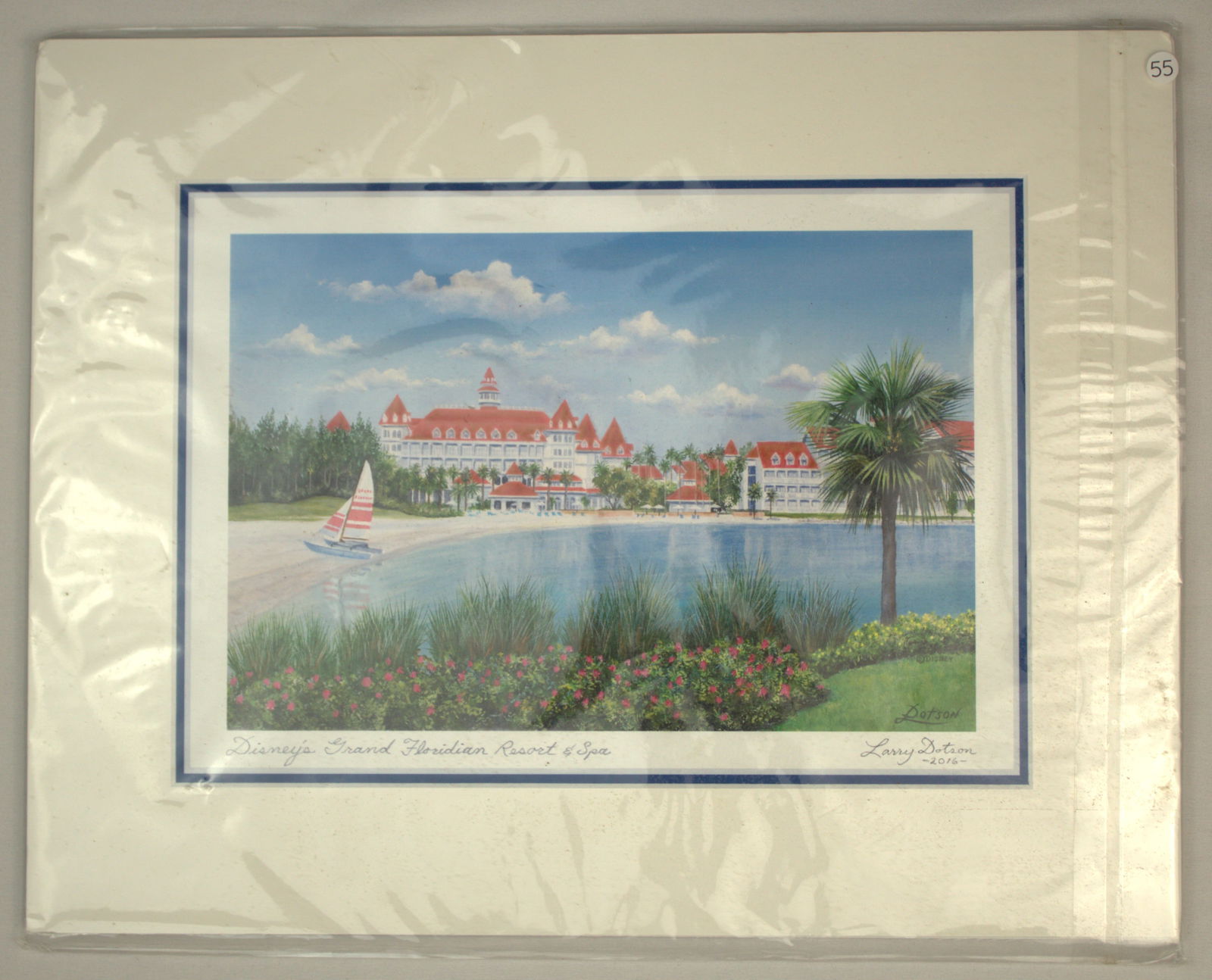 A Grand Floridian Matted Print by Larry Dotson: (Walt Disney WOrld, 2016) This print on paper captures the Grand Floridian Resort exterior, the Seven Seas Lagoon and the surrounding landscape. It is signed and dated by the artist in ink in the lowe