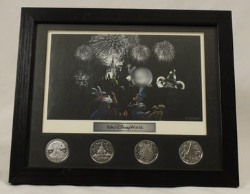A Framed Walt Disney World Lithograph and Coin Set.
