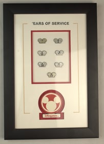 A Disneystore Cast Member 'Ears of Service' Pin Display.