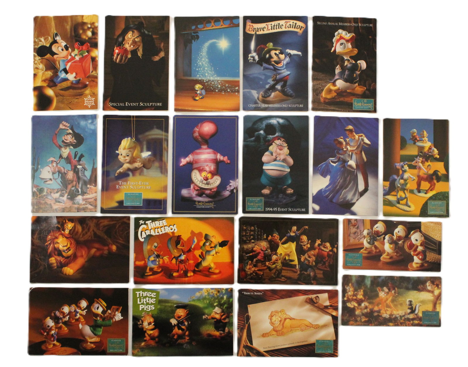 A selection of (19) WDCC Postcards.: (WDCC, 1990s - 2000s) These post cards were available to clients from WDCC dealers to announce upcoming product releases. Each card features a different character or set. Most of the cards each measur