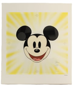 A Limited Edition "Here's Mickey" Sericel featuring Mickey Mouse with lithographic background.