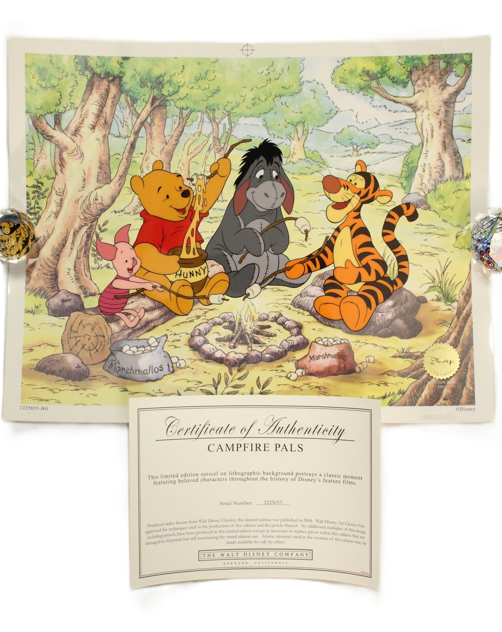 A Limited Edition "Campfire Pals" Sericel with lithographic background featuring characters from: Produced in 2008 by the Walt Disney Company, this limited edition Sericel on lithographic background is in excellent condition. The edition is limited to 2000 pieces and features the Disney certified 