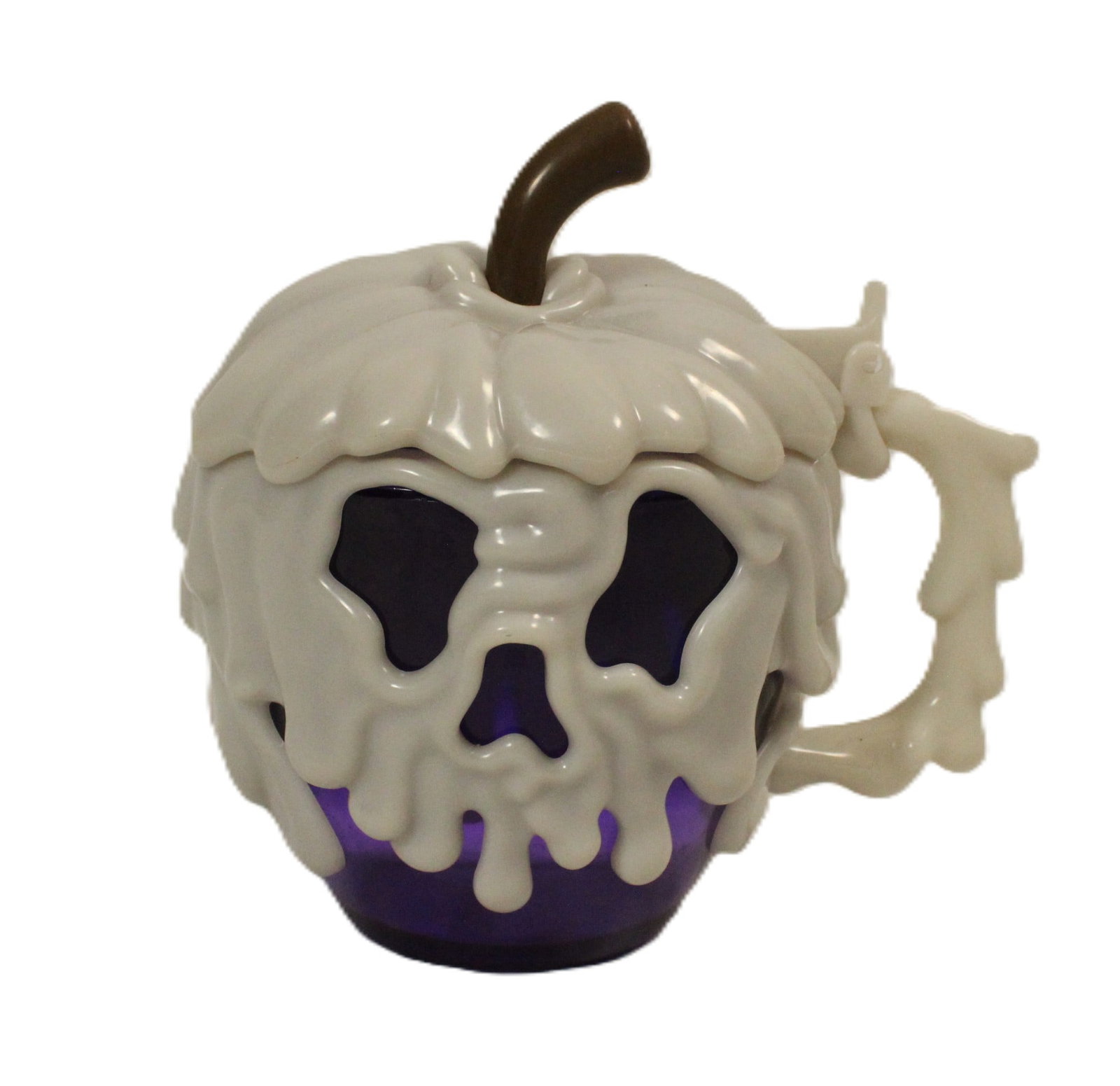 A Snow White Poison Apple Mug.: (Disney Parks, 2019) This is a Snow White poison apple flip top mug. The mug is purple and the white "poison" glows in the dark. It was available in the theme parks. It measures 7" tall and is 5" in d