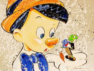An Original David Willardson Embossed Serigraph of Pinochio and Jiminy Cricket.