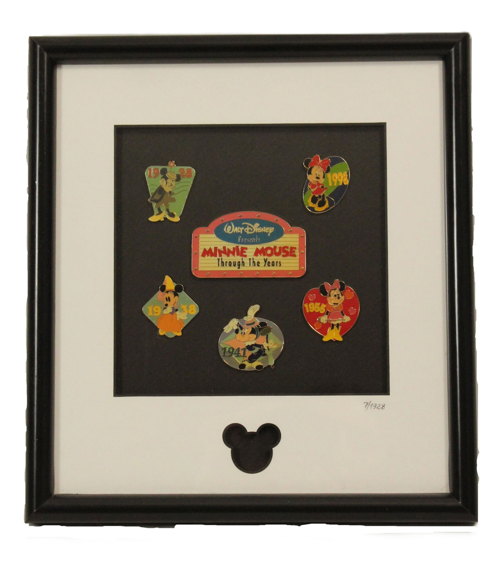 A Rare Minnie Mouse Framed Pin Set.: (Disney Pin Trading, 2002) This limited edition framed pin collection, limited to 1,928 individually-numbered sets, was created as a celebration of Mickey Mouse's favorite girl - in honor of 70 years