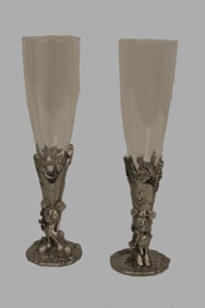 A Pair of Pewter Champagne Glasses featuring Mickey and Minnie Mouse