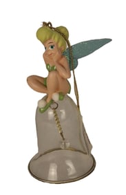 A Tinker Bell Glass Bell Ornament.