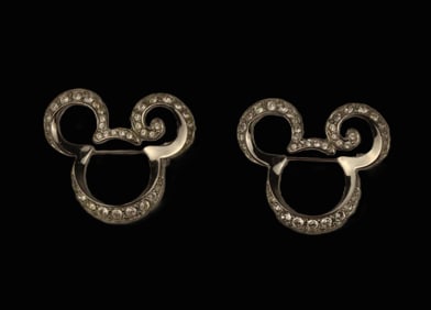 A Pair of Silver-toned Stylized Swarovski Crystal Mickey Icon Brooch.