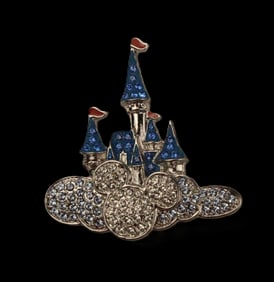 A Bright Blue and White Swarovski Cinderella Castle Swarovski Crystal Pin.