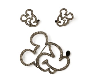 A Pair (2) of Silver-toned Mickey Mouse Swarovski Crystal Earrings and Matching Large Swarovski