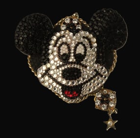 A Large Leather-backed Swarovski Crystal Mickey Face Pin.