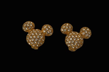 A Pair (2) of Gold-Toned Mickey Mouse Head Swarovski Earrings.