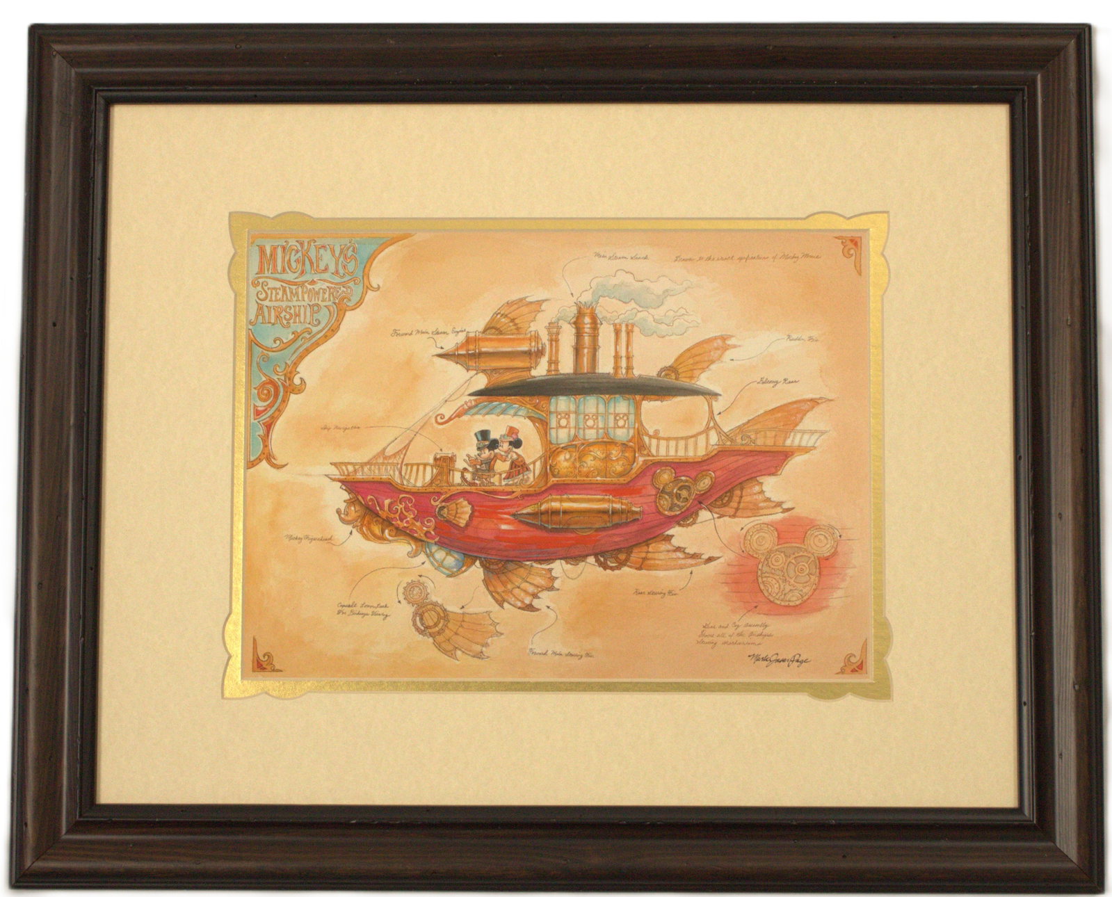 A Framed Mark Jason Page Steampunk Print.: This beautifully matted and framed print by Mark Jason Page is titled "Mickey's Steampowered Airship". Drawn in a classy steam punk style, the artists captures both elegance and sophistication and inc